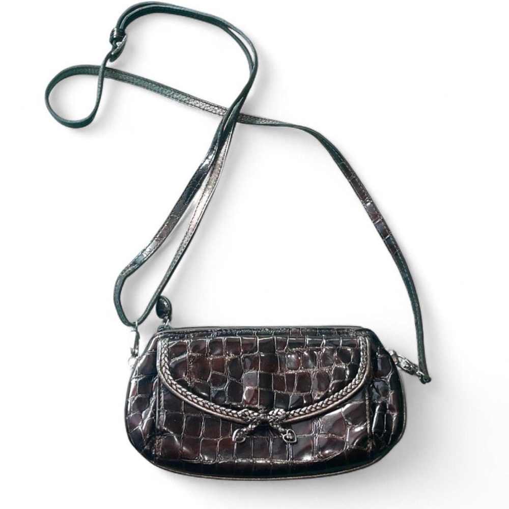 Brighton— vintage brown croc. embossed leather crossbody with silver hardware